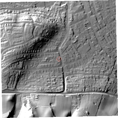 Shaded relief map of the ground around TA245EN, computed from Environment Agency LiDAR. The ground here sits at about 38 m above sea level and falls 87 m across the surrounding 800 m. Surface water reaching this point runs off ground lying to the south-south-west, 65.5 m higher.