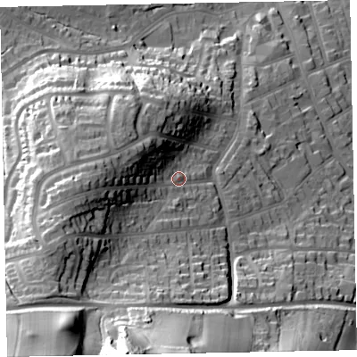 Shaded relief map of the ground around TA245EP, computed from Environment Agency LiDAR. The ground here sits at about 40 m above sea level and falls 76 m across the surrounding 800 m. Surface water reaching this point runs off ground lying to the west, 22.0 m higher.