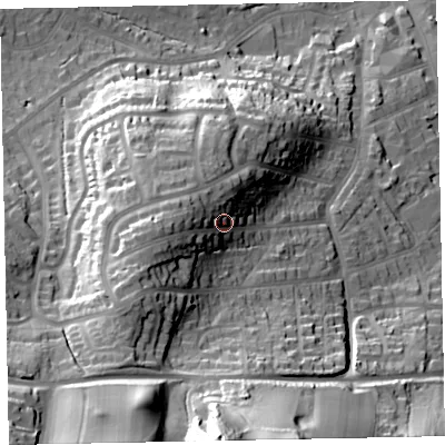 Shaded relief map of the ground around TA245ER, computed from Environment Agency LiDAR. The ground here sits at about 50 m above sea level and falls 75 m across the surrounding 800 m. Surface water reaching this point runs off ground lying to the west, 13.7 m higher.