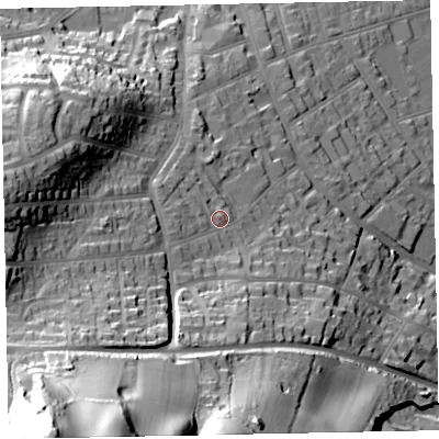 Shaded relief map of the ground around TA245ET, computed from Environment Agency LiDAR. The ground here sits at about 32 m above sea level and falls 90 m across the surrounding 800 m. Surface water reaching this point runs off ground lying to the south-west, 69.9 m higher.
