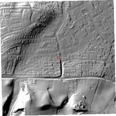 Shaded relief map of the ground around TA245EW, computed from Environment Agency LiDAR. The ground here sits at about 39 m above sea level and falls 90 m across the surrounding 800 m. Surface water reaching this point runs off ground lying to the south-south-west, 64.3 m higher.