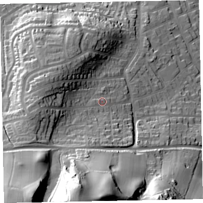 Shaded relief map of the ground around TA245EX, computed from Environment Agency LiDAR. The ground here sits at about 43 m above sea level and falls 84 m across the surrounding 800 m. Surface water reaching this point runs off ground lying to the south-south-west, 59.0 m higher.