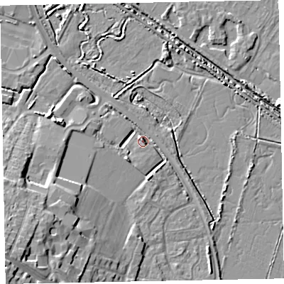 Shaded relief map of the ground around TA245FB, computed from Environment Agency LiDAR. The ground here sits at about 7 m above sea level and falls 17 m across the surrounding 800 m. Surface water reaching this point runs off ground lying to the south-west, 14.6 m higher.