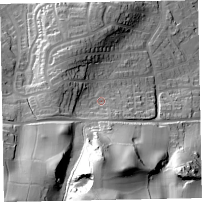 Shaded relief map of the ground around TA245HB, computed from Environment Agency LiDAR. The ground here sits at about 51 m above sea level and falls 91 m across the surrounding 800 m. Surface water reaching this point runs off ground lying to the south, 64.1 m higher.