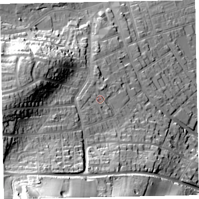 Shaded relief map of the ground around TA245HE, computed from Environment Agency LiDAR. The ground here sits at about 31 m above sea level and falls 75 m across the surrounding 800 m. Surface water reaching this point runs off ground lying to the south-west, 5.6 m higher.