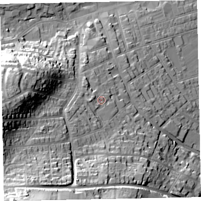 Shaded relief map of the ground around TA245HP, computed from Environment Agency LiDAR. The ground here sits at about 28 m above sea level and falls 62 m across the surrounding 800 m. Surface water reaching this point runs off ground lying to the south-west, 9.4 m higher.