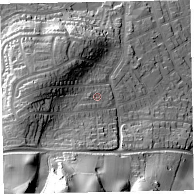 Shaded relief map of the ground around TA245HY, computed from Environment Agency LiDAR. The ground here sits at about 39 m above sea level and falls 85 m across the surrounding 800 m. Surface water reaching this point runs off ground lying to the south-west, 6.5 m higher.