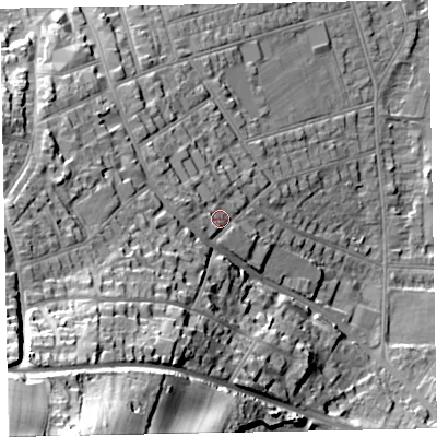 Shaded relief map of the ground around TA245JA, computed from Environment Agency LiDAR. The ground here sits at about 19 m above sea level and falls 66 m across the surrounding 800 m. Surface water reaching this point runs off ground lying to the west, 9.1 m higher.