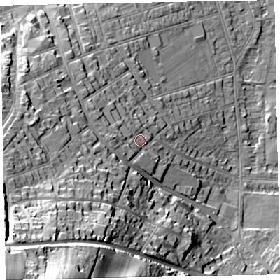 Shaded relief map of the ground around TA245JB, computed from Environment Agency LiDAR. The ground here sits at about 19 m above sea level and falls 60 m across the surrounding 800 m. Surface water reaching this point runs off ground lying to the west, 9.8 m higher.