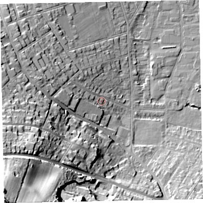 Shaded relief map of the ground around TA245JD, computed from Environment Agency LiDAR. The ground here sits at about 12 m above sea level and falls 66 m across the surrounding 800 m. Surface water reaching this point runs off ground lying to the west, 9.4 m higher.