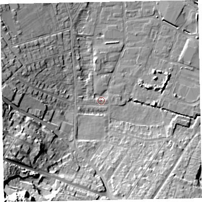 Shaded relief map of the ground around TA245JE, computed from Environment Agency LiDAR. The ground here sits at about 7 m above sea level and falls 47 m across the surrounding 800 m. Surface water reaching this point runs off ground lying to the west, 1.3 m higher.
