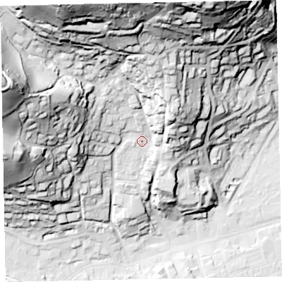 Shaded relief map of the ground around TA245JH, computed from Environment Agency LiDAR. The ground here sits at about 37 m above sea level and falls 104 m across the surrounding 800 m. Surface water reaching this point runs off ground lying to the north-north-west, 73.7 m higher.