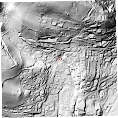 Shaded relief map of the ground around TA245JT, computed from Environment Agency LiDAR. The ground here sits at about 51 m above sea level and falls 152 m across the surrounding 800 m. Surface water reaching this point runs off ground lying to the north-north-west, 111.1 m higher.