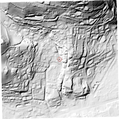 Shaded relief map of the ground around TA245JX, computed from Environment Agency LiDAR. The ground here sits at about 39 m above sea level and falls 114 m across the surrounding 800 m. Surface water reaching this point runs off ground lying to the north-north-west, 82.7 m higher.