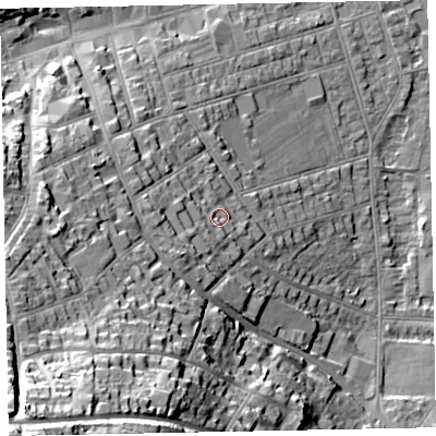 Shaded relief map of the ground around TA245LD, computed from Environment Agency LiDAR. The ground here sits at about 17 m above sea level and falls 51 m across the surrounding 800 m. Surface water reaching this point runs off ground lying to the west-south-west, 6.6 m higher.