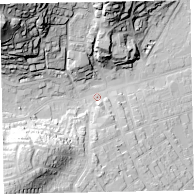 Shaded relief map of the ground around TA245LH, computed from Environment Agency LiDAR. The ground here sits at about 17 m above sea level and falls 68 m across the surrounding 800 m. Surface water reaching this point runs off ground lying to the north-west, 60.9 m higher.