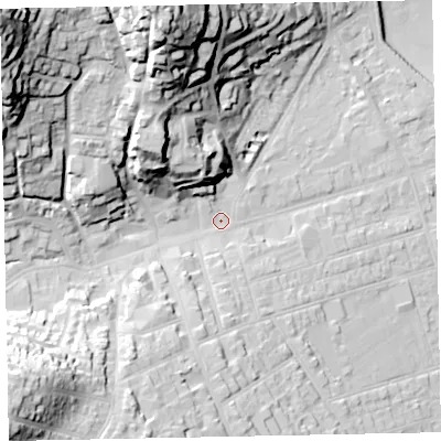 Shaded relief map of the ground around TA245LU, computed from Environment Agency LiDAR. The ground here sits at about 14 m above sea level and falls 64 m across the surrounding 800 m. Surface water reaching this point runs off ground lying to the north-west, 52.2 m higher.