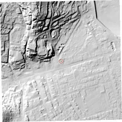 Shaded relief map of the ground around TA245LY, computed from Environment Agency LiDAR. The ground here sits at about 13 m above sea level and falls 59 m across the surrounding 800 m. Surface water reaching this point runs off ground lying to the north-north-west, 46.7 m higher.