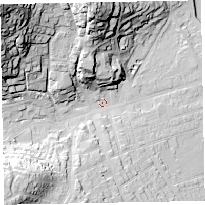Shaded relief map of the ground around TA245NB, computed from Environment Agency LiDAR. The ground here sits at about 15 m above sea level and falls 76 m across the surrounding 800 m. Surface water reaching this point runs off ground lying to the north-west, 64.6 m higher.