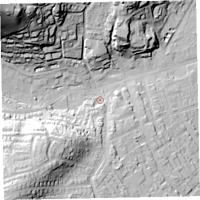 Shaded relief map of the ground around TA245NE, computed from Environment Agency LiDAR. The ground here sits at about 18 m above sea level and falls 75 m across the surrounding 800 m. Surface water reaching this point runs off ground lying to the south-west, 42.9 m higher.