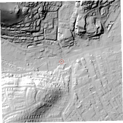 Shaded relief map of the ground around TA245NF, computed from Environment Agency LiDAR. The ground here sits at about 18 m above sea level and falls 80 m across the surrounding 800 m. Surface water reaching this point runs off ground lying to the north-west, 72.9 m higher.