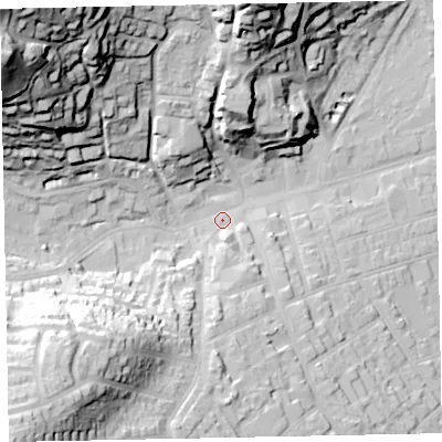 Shaded relief map of the ground around TA245NG, computed from Environment Agency LiDAR. The ground here sits at about 17 m above sea level and falls 68 m across the surrounding 800 m. Surface water reaching this point runs off ground lying to the north-west, 61.0 m higher.