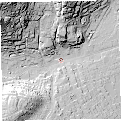 Shaded relief map of the ground around TA245NH, computed from Environment Agency LiDAR. The ground here sits at about 16 m above sea level and falls 73 m across the surrounding 800 m. Surface water reaching this point runs off ground lying to the north-west, 65.8 m higher.