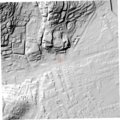 Shaded relief map of the ground around TA245NL, computed from Environment Agency LiDAR. The ground here sits at about 14 m above sea level and falls 72 m across the surrounding 800 m. Surface water reaching this point runs off ground lying to the north-west, 60.8 m higher.