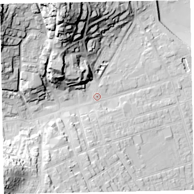Shaded relief map of the ground around TA245NN, computed from Environment Agency LiDAR. The ground here sits at about 13 m above sea level and falls 57 m across the surrounding 800 m. Surface water reaching this point runs off ground lying to the north-north-west, 44.6 m higher.