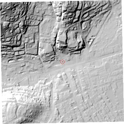 Shaded relief map of the ground around TA245NP, computed from Environment Agency LiDAR. The ground here sits at about 16 m above sea level and falls 76 m across the surrounding 800 m. Surface water reaching this point runs off ground lying to the north-west, 69.3 m higher.