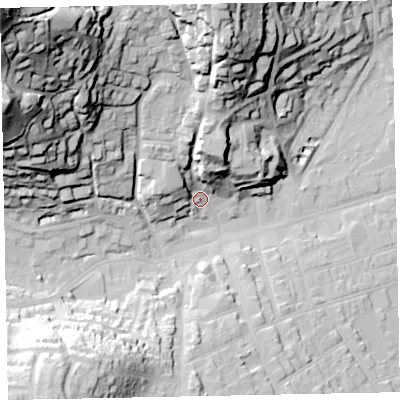Shaded relief map of the ground around TA245NR, computed from Environment Agency LiDAR. The ground here sits at about 18 m above sea level and falls 91 m across the surrounding 800 m. Surface water reaching this point runs off ground lying to the north, 23.8 m higher.