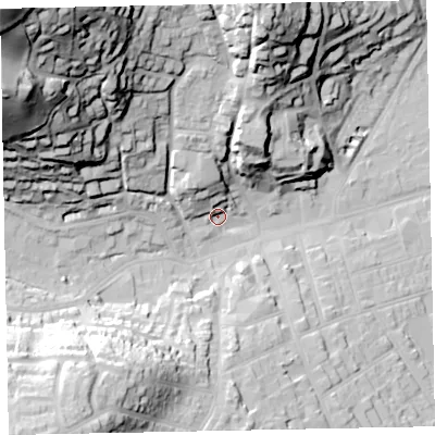 Shaded relief map of the ground around TA245NS, computed from Environment Agency LiDAR. The ground here sits at about 17 m above sea level and falls 88 m across the surrounding 800 m. Surface water reaching this point runs off ground lying to the north-west, 12.2 m higher.