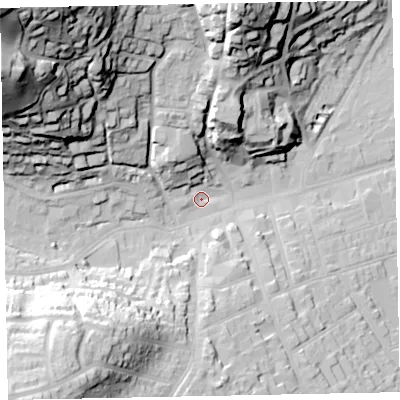 Shaded relief map of the ground around TA245NT, computed from Environment Agency LiDAR. The ground here sits at about 16 m above sea level and falls 81 m across the surrounding 800 m. Surface water reaching this point runs off ground lying to the north-west, 73.8 m higher.