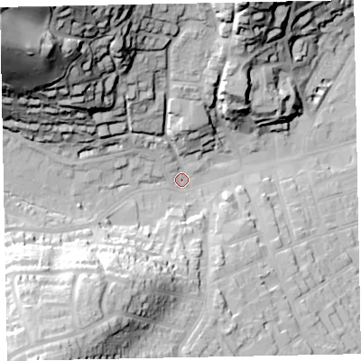 Shaded relief map of the ground around TA245NU, computed from Environment Agency LiDAR. The ground here sits at about 18 m above sea level and falls 79 m across the surrounding 800 m. Surface water reaching this point runs off ground lying to the north-west, 72.5 m higher.