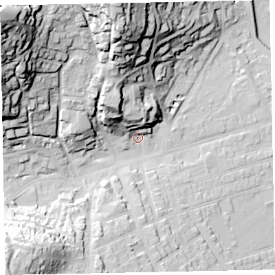 Shaded relief map of the ground around TA245NW, computed from Environment Agency LiDAR. The ground here sits at about 15 m above sea level and falls 73 m across the surrounding 800 m. Surface water reaching this point runs off ground lying to the north-north-west, 15.5 m higher.