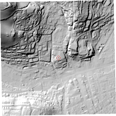 Shaded relief map of the ground around TA245NY, computed from Environment Agency LiDAR. The ground here sits at about 28 m above sea level and falls 100 m across the surrounding 800 m. Surface water reaching this point runs off ground lying to the north, 36.5 m higher.