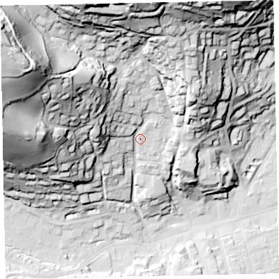Shaded relief map of the ground around TA245NZ, computed from Environment Agency LiDAR. The ground here sits at about 34 m above sea level and falls 101 m across the surrounding 800 m. Surface water reaching this point runs off ground lying to the west-north-west, 79.9 m higher.