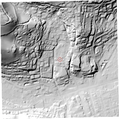 Shaded relief map of the ground around TA245PA, computed from Environment Agency LiDAR. The ground here sits at about 32 m above sea level and falls 100 m across the surrounding 800 m. Surface water reaching this point runs off ground lying to the north-north-east, 9.9 m higher.