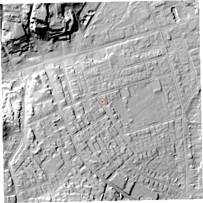 Shaded relief map of the ground around TA245PF, computed from Environment Agency LiDAR. The ground here sits at about 16 m above sea level and falls 35 m across the surrounding 800 m. Surface water reaching this point runs off ground lying to the south-west, 19.7 m higher.