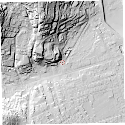 Shaded relief map of the ground around TA245PL, computed from Environment Agency LiDAR. The ground here sits at about 13 m above sea level and falls 63 m across the surrounding 800 m. Surface water reaching this point runs off ground lying to the north-west, 50.5 m higher.