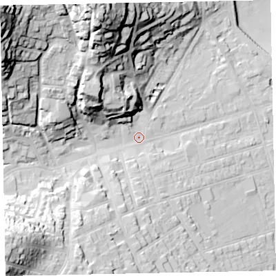 Shaded relief map of the ground around TA245PX, computed from Environment Agency LiDAR. The ground here sits at about 14 m above sea level and falls 63 m across the surrounding 800 m. Surface water reaching this point runs off ground lying to the north-west, 51.1 m higher.