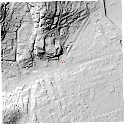 Shaded relief map of the ground around TA245PY, computed from Environment Agency LiDAR. The ground here sits at about 14 m above sea level and falls 64 m across the surrounding 800 m. Surface water reaching this point runs off ground lying to the north-west, 51.2 m higher.
