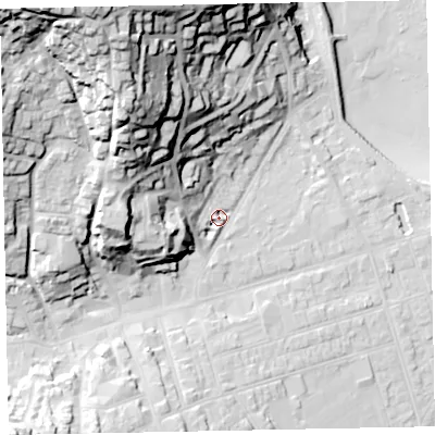 Shaded relief map of the ground around TA245PZ, computed from Environment Agency LiDAR. The ground here sits at about 14 m above sea level and falls 72 m across the surrounding 800 m. Surface water reaching this point runs off ground lying to the north-west, 33.6 m higher.