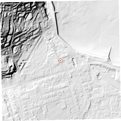 Shaded relief map of the ground around TA245QN, computed from Environment Agency LiDAR. The ground here sits at about 9 m above sea level and falls 65 m across the surrounding 800 m. Surface water reaching this point runs off ground lying to the south-west, 1.8 m higher.