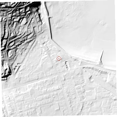 Shaded relief map of the ground around TA245QP, computed from Environment Agency LiDAR. The ground here sits at about 9 m above sea level and falls 73 m across the surrounding 800 m. Surface water reaching this point runs off ground lying to the south-west, 1.9 m higher.