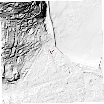 Shaded relief map of the ground around TA245QS, computed from Environment Agency LiDAR. The ground here sits at about 8 m above sea level and falls 105 m across the surrounding 800 m. Surface water reaching this point runs off ground lying to the west-north-west, 2.1 m higher.