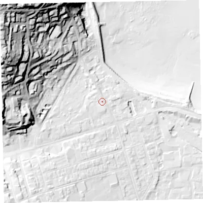 Shaded relief map of the ground around TA245QW, computed from Environment Agency LiDAR. The ground here sits at about 10 m above sea level and falls 68 m across the surrounding 800 m. Surface water reaching this point runs off ground lying to the west-south-west, 1.2 m higher.