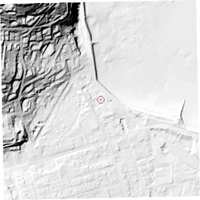 Shaded relief map of the ground around TA245QY, computed from Environment Agency LiDAR. The ground here sits at about 9 m above sea level and falls 89 m across the surrounding 800 m. Surface water reaching this point runs off ground lying to the west-north-west, 46.3 m higher.