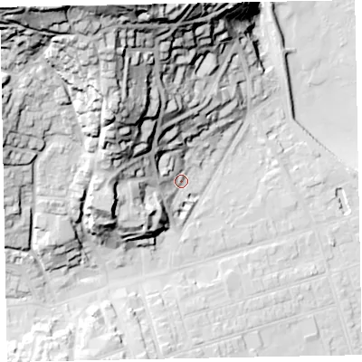 Shaded relief map of the ground around TA245QZ, computed from Environment Agency LiDAR. The ground here sits at about 15 m above sea level and falls 84 m across the surrounding 800 m. Surface water reaching this point runs off ground lying to the west-north-west, 34.4 m higher.