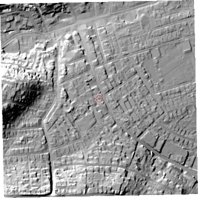 Shaded relief map of the ground around TA245RD, computed from Environment Agency LiDAR. The ground here sits at about 24 m above sea level and falls 52 m across the surrounding 800 m. Surface water reaching this point runs off ground lying to the south-west, 13.8 m higher.